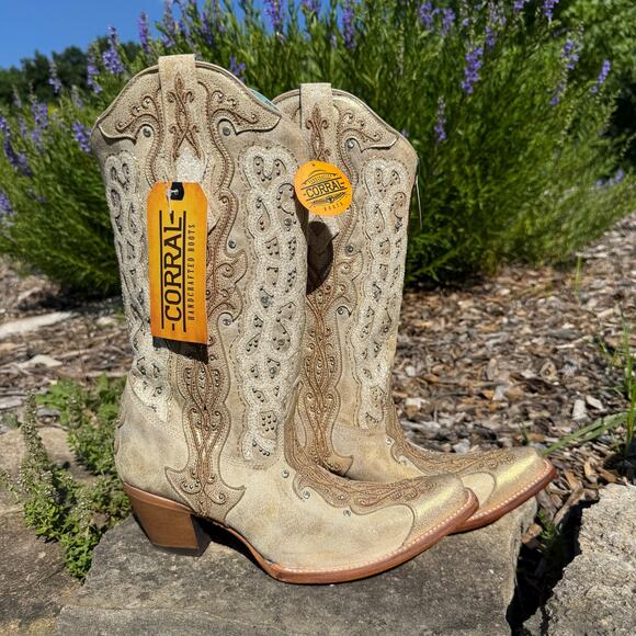 Corral Women's Gold Bone Overlay Crystal Embellished Cowgirl Boots Size 10.5 - Picture 1 of 11